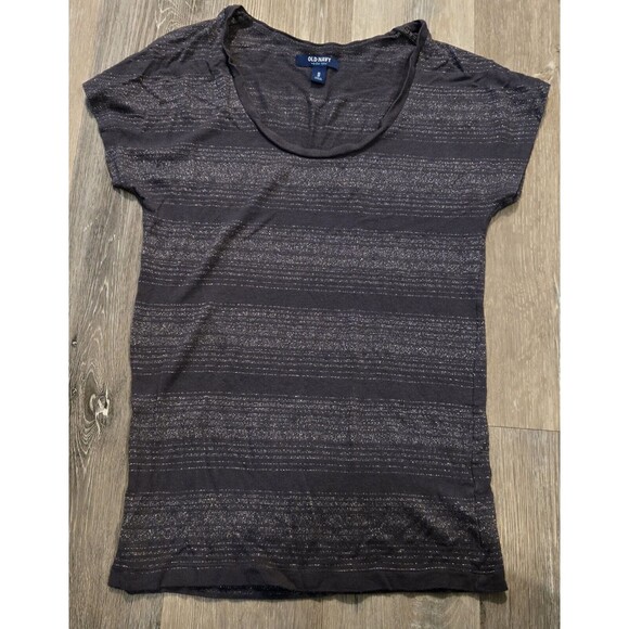 Old Navy Womens Gray Striped‎ Short Sleeve T-shirt Size XS blouse sparkles - Picture 1 of 5